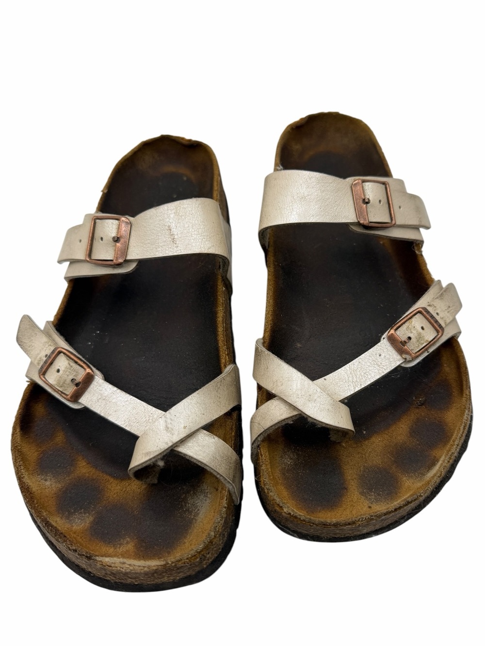 Birkenstock White Metallic Leather Double Buckle Sandals - Size 41